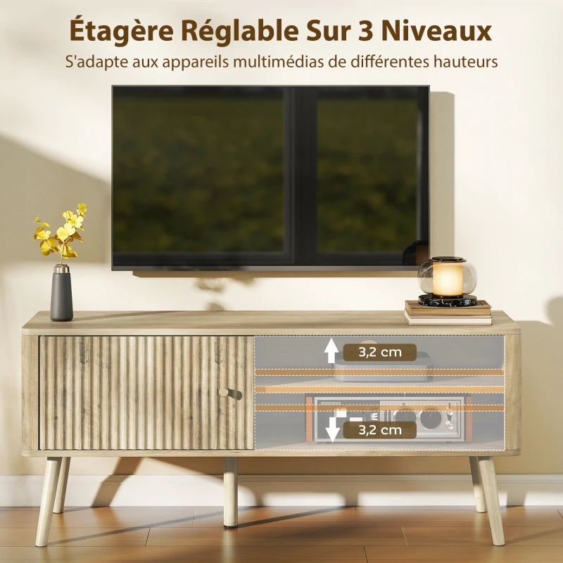 HOMCOM Meuble TV, meuble télé avec placard à porte, compartiments ouverts et étagère réglable, 115x35x49cm, chêne