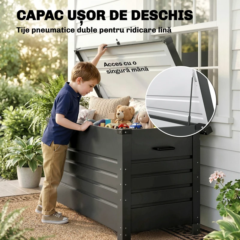 Outsunny Ladă 430L, Recipient Metalic cu Capac Blocabil, Roți, Mânere Laterale, Gri