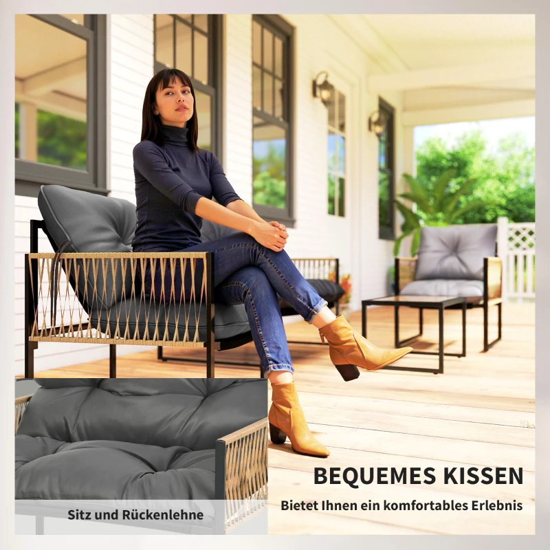 Outsunny Gartenmöbel-Set, 4-teilig, Sofa, 2 Stühle, Tisch mit Glasplatte, Metallgestell, Polyrattan, Anthrazit