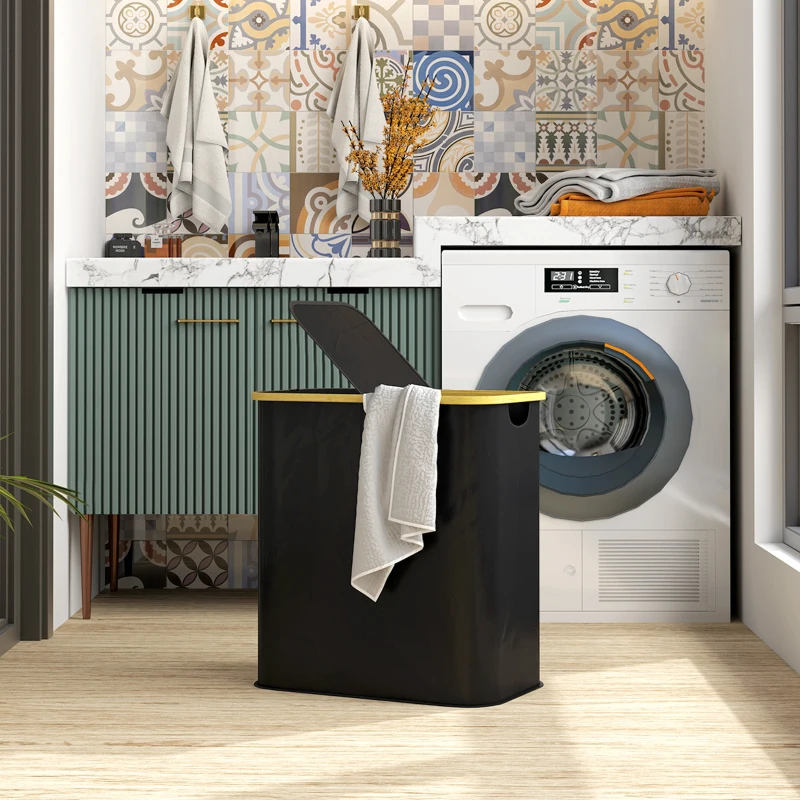 HOMCOM Panier à linge double pliable 80 L corbeille à linge sale avec couvercle, poignées rainurées, noir