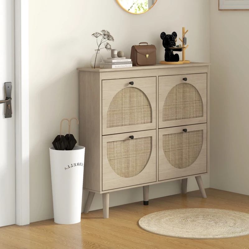 HOMCOM Meuble à chaussures 4 abattants 20 paires étagère réglable style bohème pieds en bois massif 105 x 24 x 97,5 cm naturel