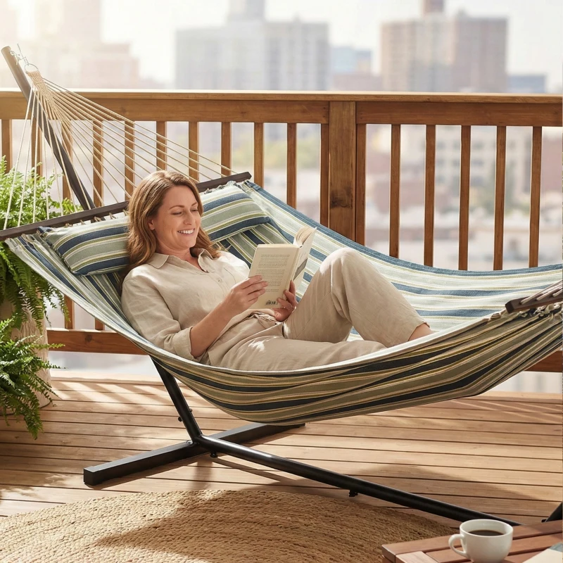 Outsunny Hamac sur pied 353 cm, hamac avec support acier avec coussin amovible et barres d'écartement, vert