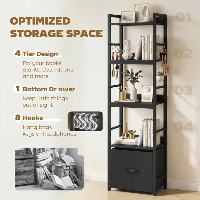 HOMCOM 4-Tier Bookshelf, Narrow Bookcase with Drawer, 8 Hooks, Metal Frame, Black