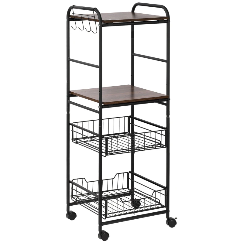 HOMCOM 4-Tier Rolling Kitchen Cart with 2 Baskets, Shelves and Side Hooks, 40 x 38 x 111 cm, walnut