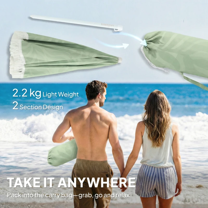 Outsunny Parasol de Plage à Franges Ø180 cm Hauteur Réglable Inclinaison Ancrage Sable et Housse de Transport UPF30+ Vert