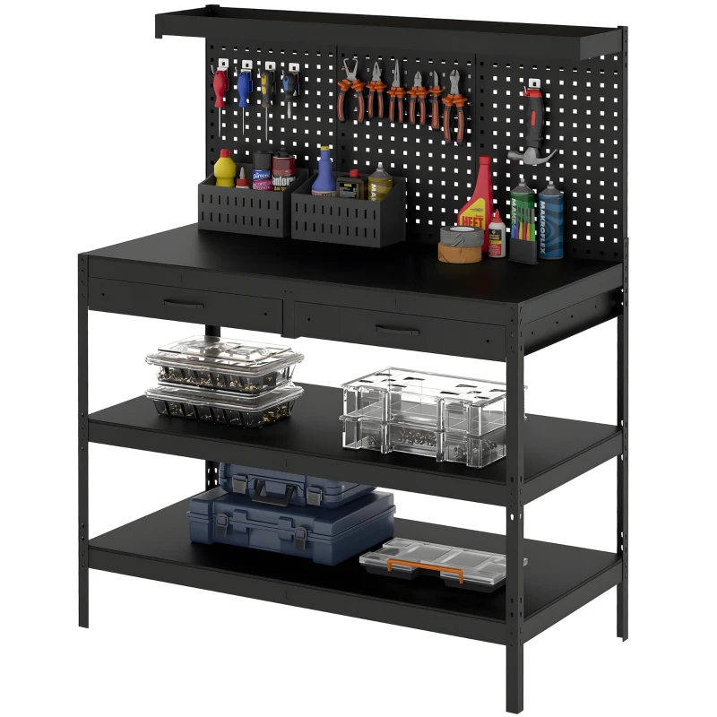 HOMCOM Werkbank mit verstellbaren Regalen, robuste Arbeitsstation mit Lochwand und 2 Schubladen, 122 x 61 x 156 cm, Schwarz
