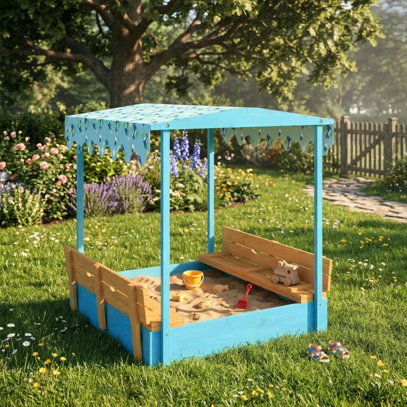 AIYAPLAY Sabbiera per Bambini 3-6 Anni con Tettuccio Dinosauri, Sedute Pieghevoli, Coperchio e Fodera Inclusa, Sabbionaia per Bambini in Legno di Abete, 134.5x127.5x130 cm, Blu