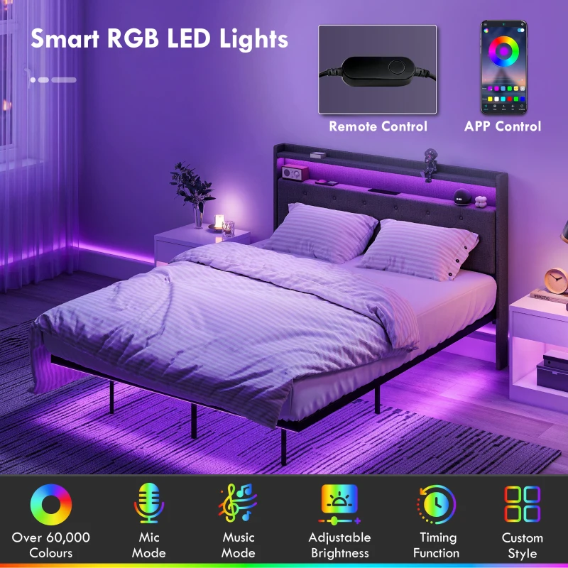 HOMCOM Floating Bed Frame, Upholstered 4ft6 Double Size Bed, Platform Bed with RGB LED Lights and Charging Station, Grey