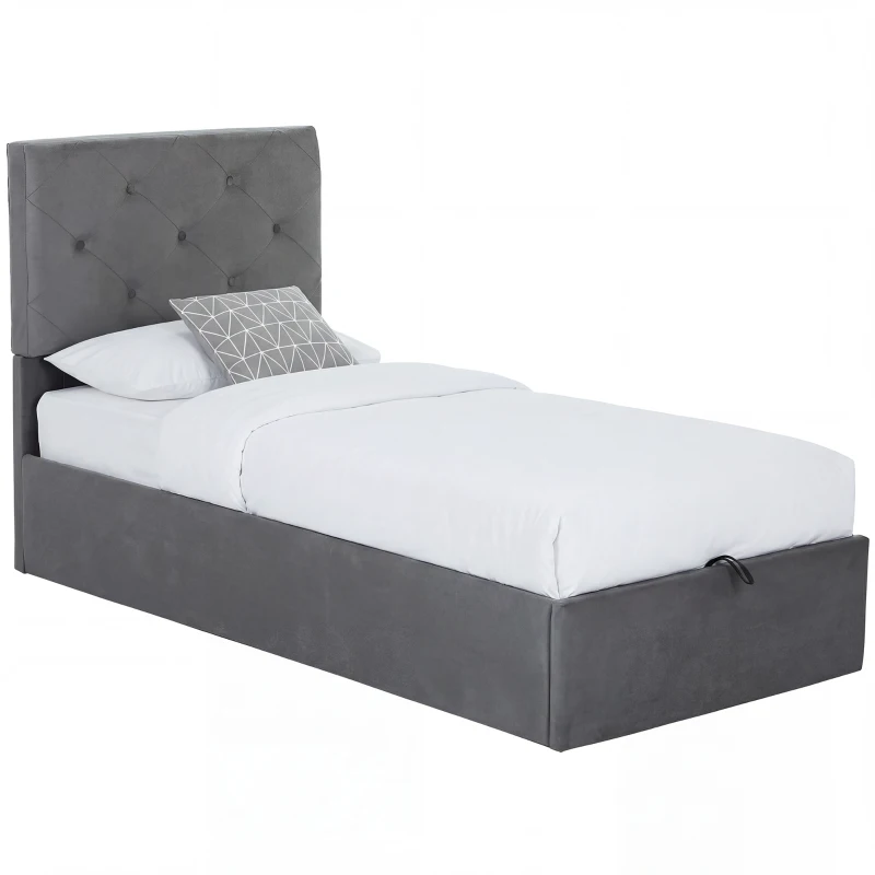 HOMCOM Single Bed Frame Gas Side Lift Under Bed Storage Upholstered Platform Bed Tufted Headboard for 90 x 190 cm Mattress