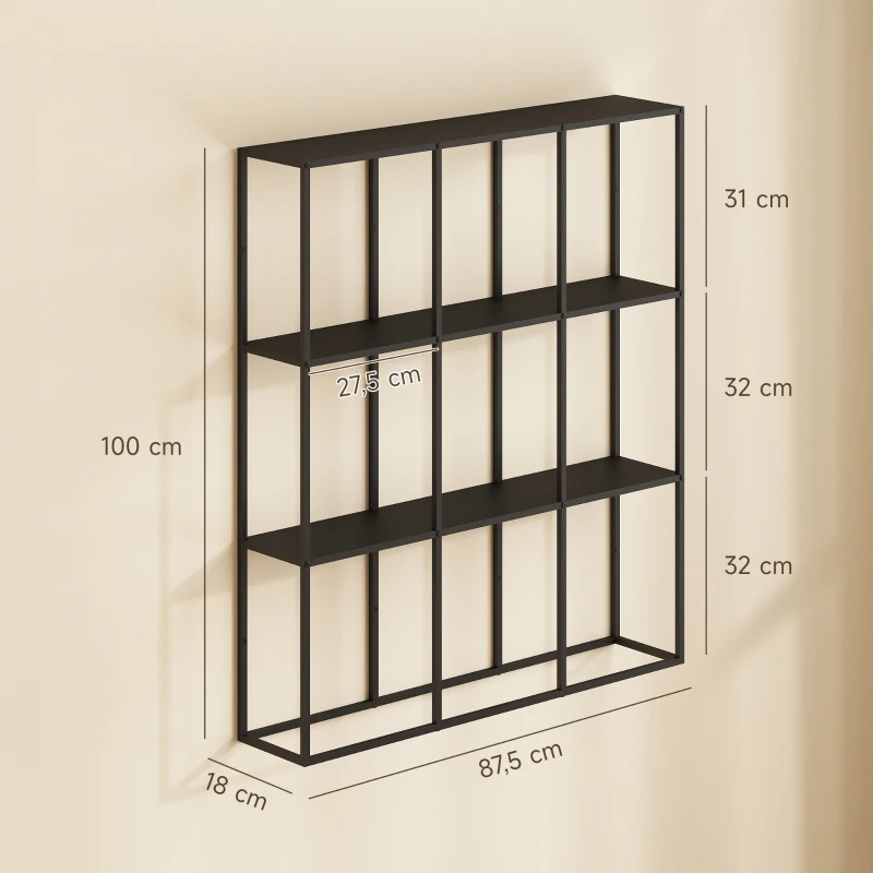 HOMCOM Industrielles Wandregal mit 9 Fächern, Metallregal für Sammlerstücke, Ideal für Wohnkultur, Schwarz