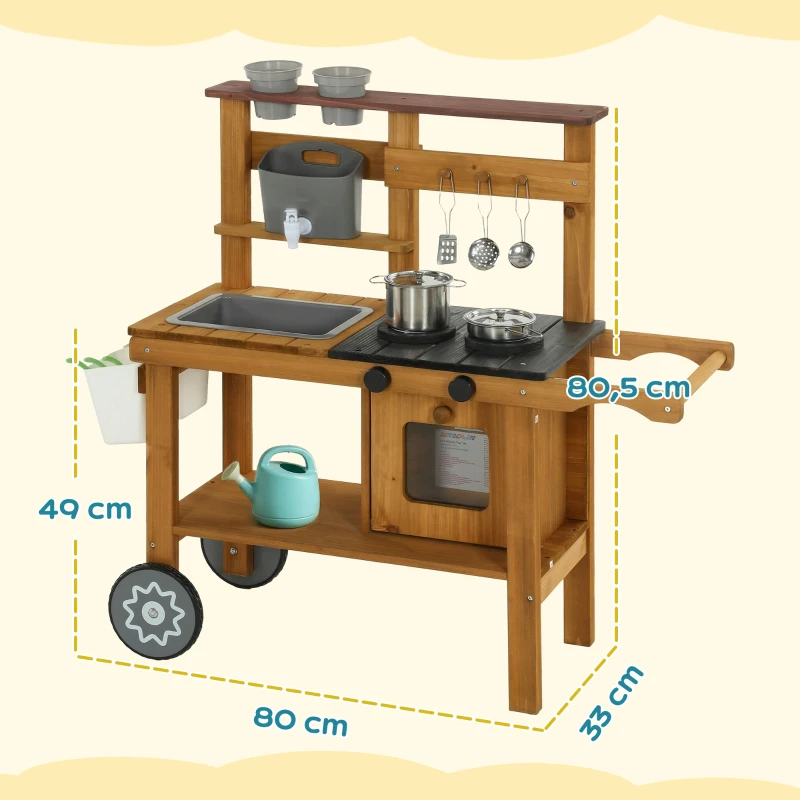 AIYAPLAY Cuisine de boue pour enfants - Cuisine de jeu extérieure en bois avec robinet, évier, bac à plantes, roues, rangement pour 3-6 ans Brun