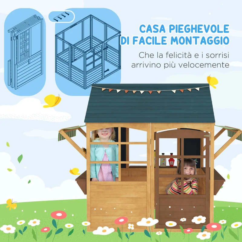 AIYAPLAY Casetta per Bambini 3-8 Anni con 5 Finestre e 2 Lavagne, in Legno di Abete, 173x117x144 cm, Marrone e Blu