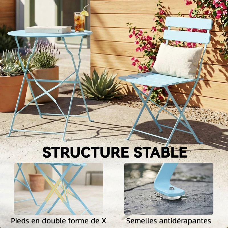 Outsunny Ensemble Bistrot de Jardin 3 Pièces Table et 2 Chaises Pliantes à Lattes Double Protection Antirouille Bleu Clair