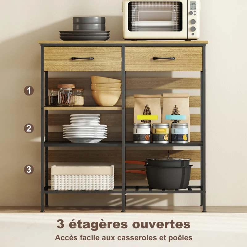 HOMCOM Buffet cuisine, meuble de rangement avec 2 tiroirs et 3 étagères ouvertes, 90 x 40 x 91 cm, bois naturel et noir