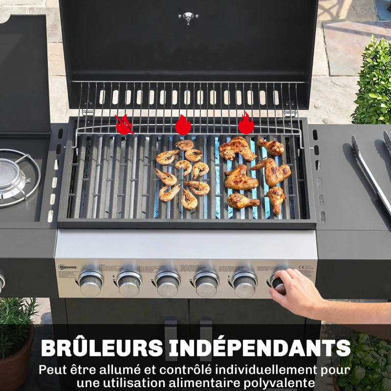 Outsunny Barbecue à gaz 6+1 brûleurs, chariot d'extérieur avec roues, grille de maintien au chaud, thermomètre, étagères latérales, noir