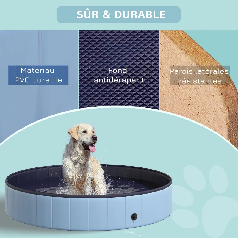 PawHut Collapsible Non-Slip PVC Dog Pool, Easy to Clean, 160 cm Diameter x 30 cm Height, Blue