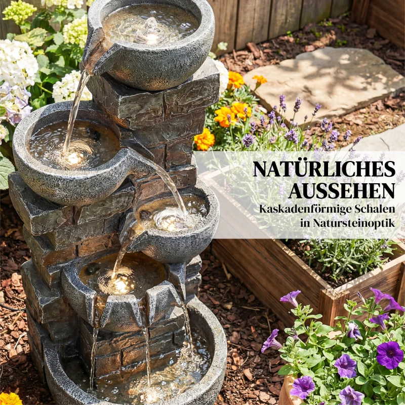 Outsunny Springbrunnen Outdoor aus Kunstharz fünfstöckig Gartenbrunnen mit LED Beleuchtung Pumpe Steinoptik 34 x 36 x 80 cm