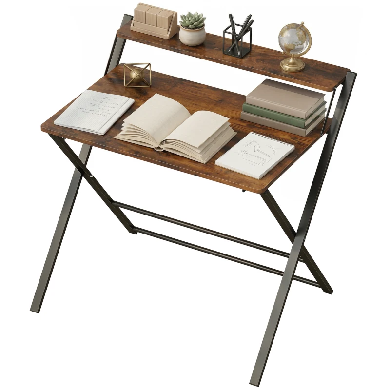 HOMCOM Compact Folding Desk for Small Spaces with Storage Shelf for Home Office, Rustic Brown
