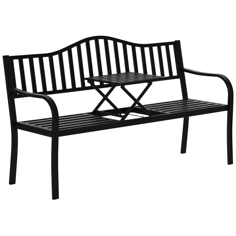 Outsunny Metal Outdoor Bench with Liftable Middle Table, Patio Loveseat, Garden Bench for Garden, Porch, Seats 2–3 People, Black