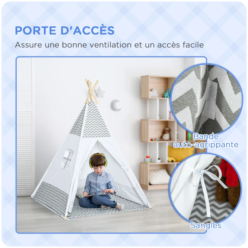 HOMCOM Indian Teepee Play Tent for Children Graphic Style - dim. 1.2L x 1.2I x 1.55H m - Closable Door Window Mat Cushion Carry Bag Included - Indoor and Outdoor Gray White