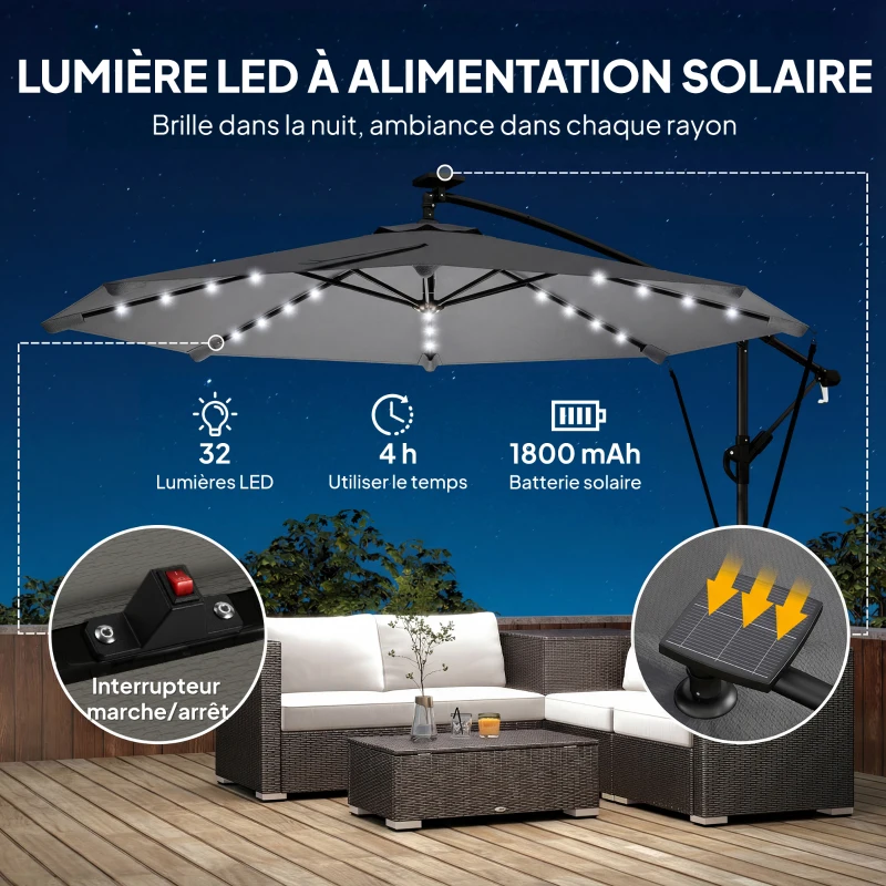 Outsunny Parasol Déporté Parasol de Jardin LED Solaire 32 Lampes LED Manivelle UV 50+ et Housse de Protection Ø 295cm Gris
