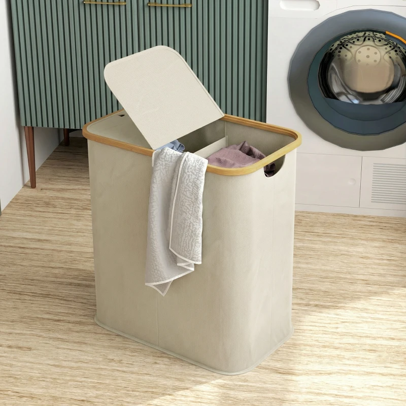 HOMCOM Panier à linge double pliable 80 L corbeille à linge sale avec couvercle, poignées rainurées, beige