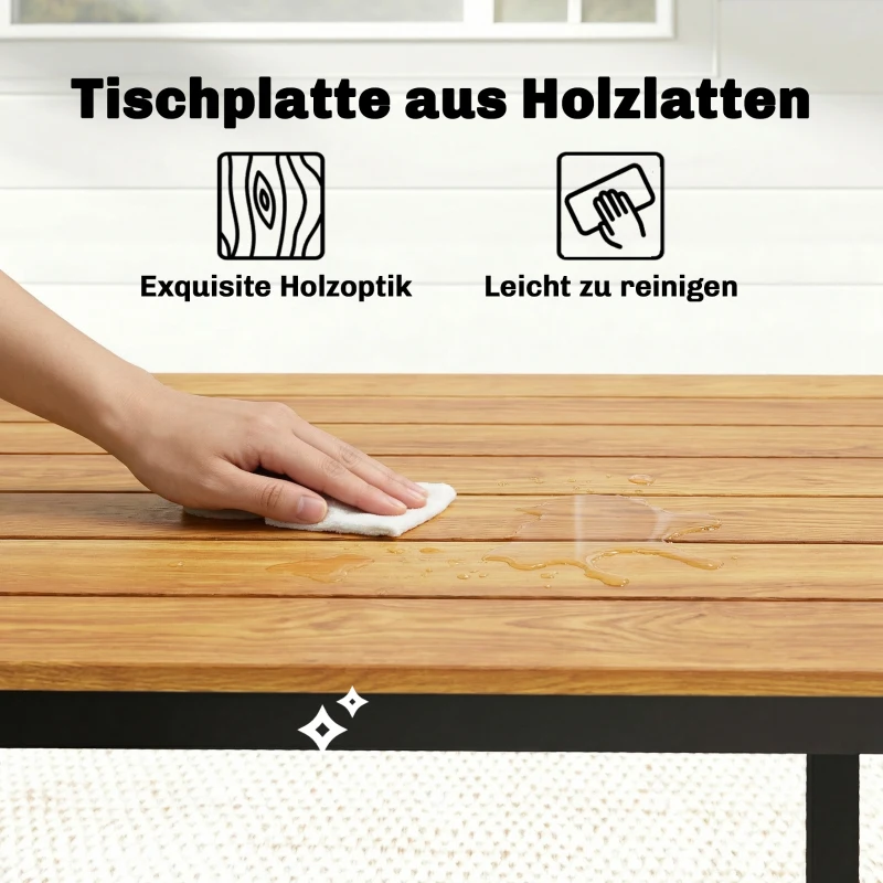 Outsunny Gartentisch 180 x 86 cm für 6-8 Personen Holztisch mit Lamellen-Tischplatte Stahlrahmen Teak