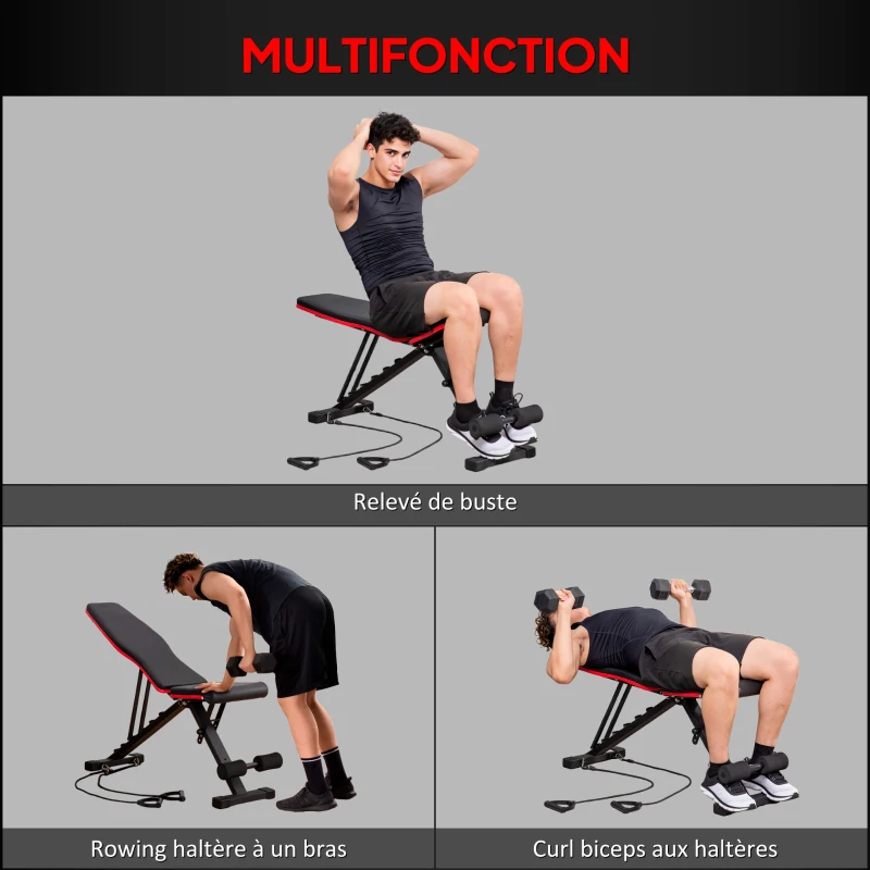 HOMCOM Banc de musculation pliable dossier réglable 6 niveaux assise ajutable 4 niveaux coussin 130 x 34 x 109 cm noir et rouge