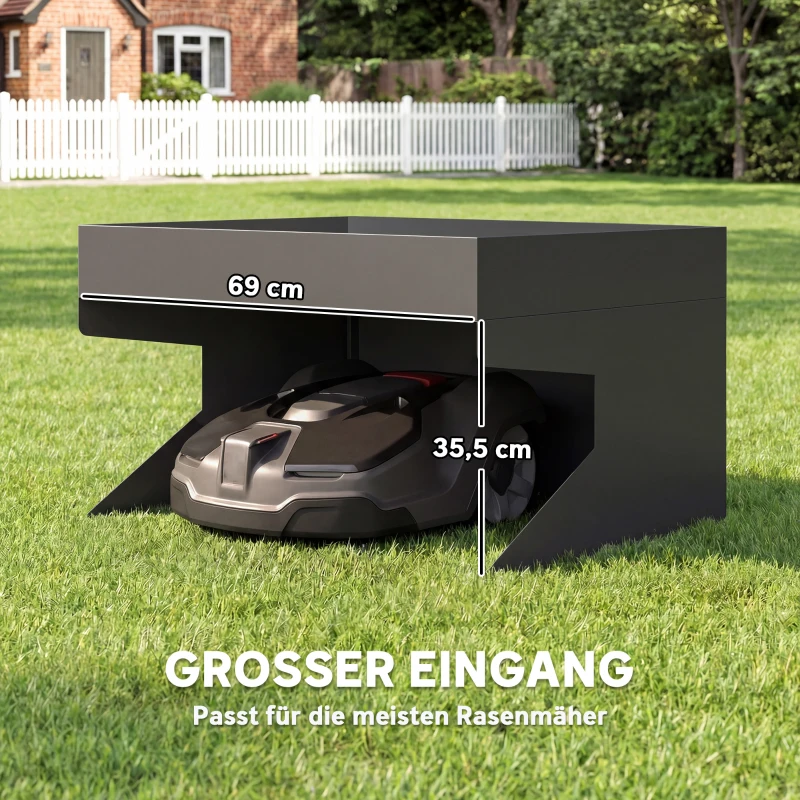 Outsunny Garage für Mähroboter mit Pflanzkasten, Robuste Garage aus galvanisiertem Stahl, Schwarz