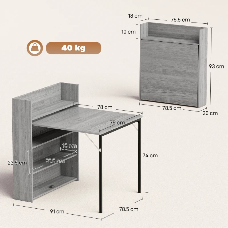 HOMCOM Kitchen Table, Folding Dining Table, with 4-Tier Shelves, Modern Drop-Leaf Table, Grey Wood Effect