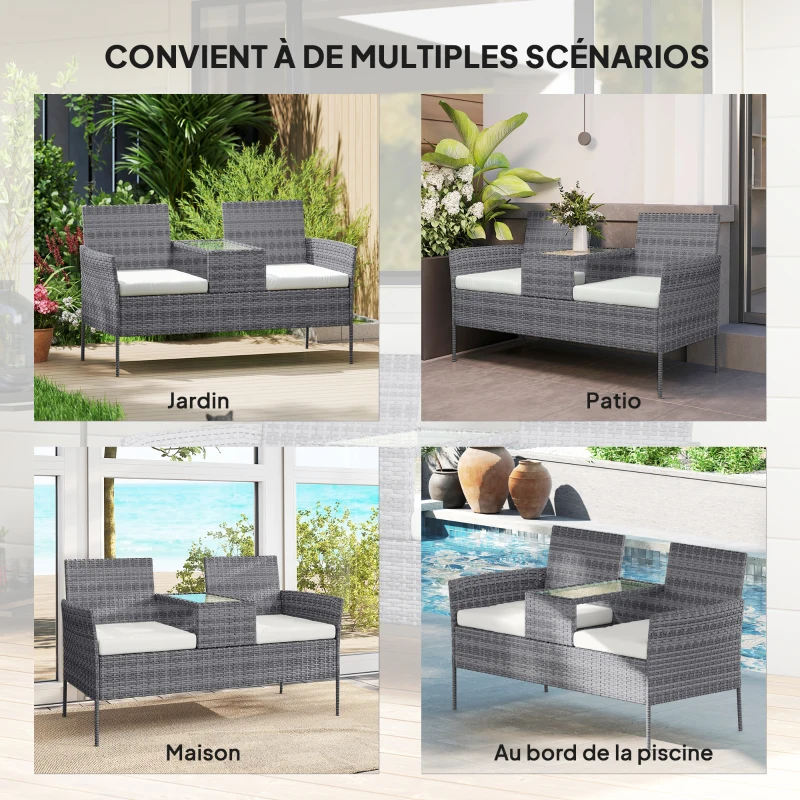 Outsunny Banc de Jardin en résine tressée 2 Places avec Table et Coussins - 135 x 64 x 81 cm - pour Balcon et Terrasse Noir