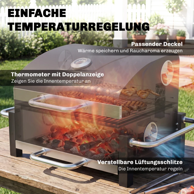 Outsunny Holzkohlegrill aus Stahl tragbarer BBQ Smoker mit Deckel verstellbare Lüftung zweistufige Kohlepfanne Thermometer