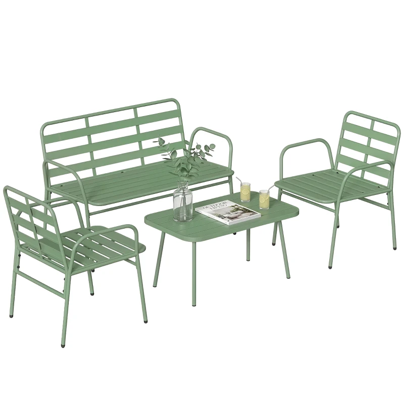 Outsunny Salón de Jardín Exterior en Acero 4 Piezas, Sofá 2 Plazas, 2 Sillones, Mesa Baja, a Listones, 112x60x75cm, Verde
