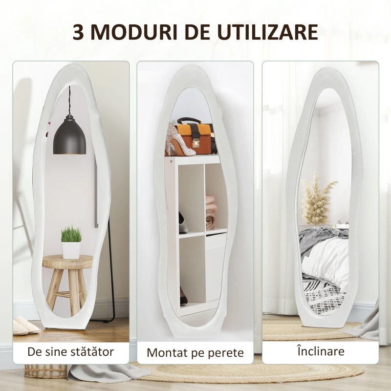 HOMCOM Oglindă de dimensiuni mari cu ramă ondulată din catifea, oglindă de podea și de perete, 160x50 cm, albă