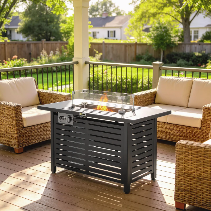 Outsunny Propane Gas Fire Pit Table, Outdoor Firepit with 43" Steel Tabletop and Lid, 50,000 BTU Pulse Ignition Fire Table w/ Stainless Steel Burner, Glass Wind Guard, and Cover