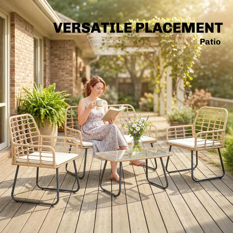 Outsunny 4 Piece Rattan Garden Furniture Set, Outdoor Patio Furniture with Loveseat, Armchairs and Coffee Table