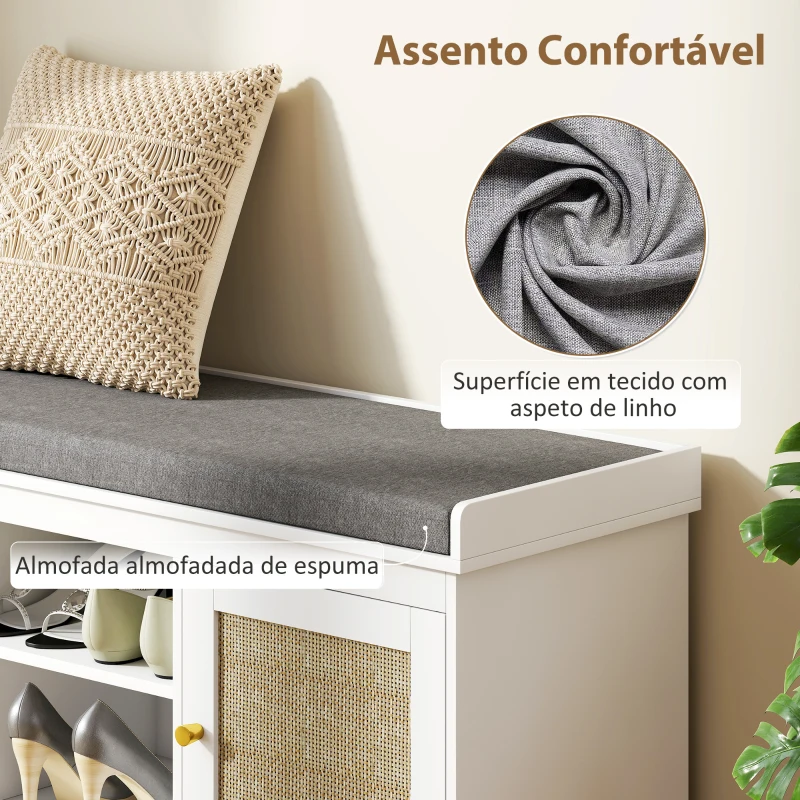HOMCOM Banco Sapateira com Assento Acolchoado Portas em Vime e Prateleira Aberta para 9 Pares de Sapatos 105x35x47 cm Branco
