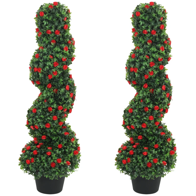 HOMCOM Artificial Rose Spiral Topiary Tree Set of 2, Indoor Outdoor Fake Plants with 630 Leaves, 90cm