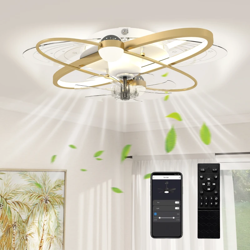 HOMCOM Ceiling Fan with Light and Remote, 3 Colour Temperatures, LED Mount Ceiling Fan Light for Bedroom, Gold Tone