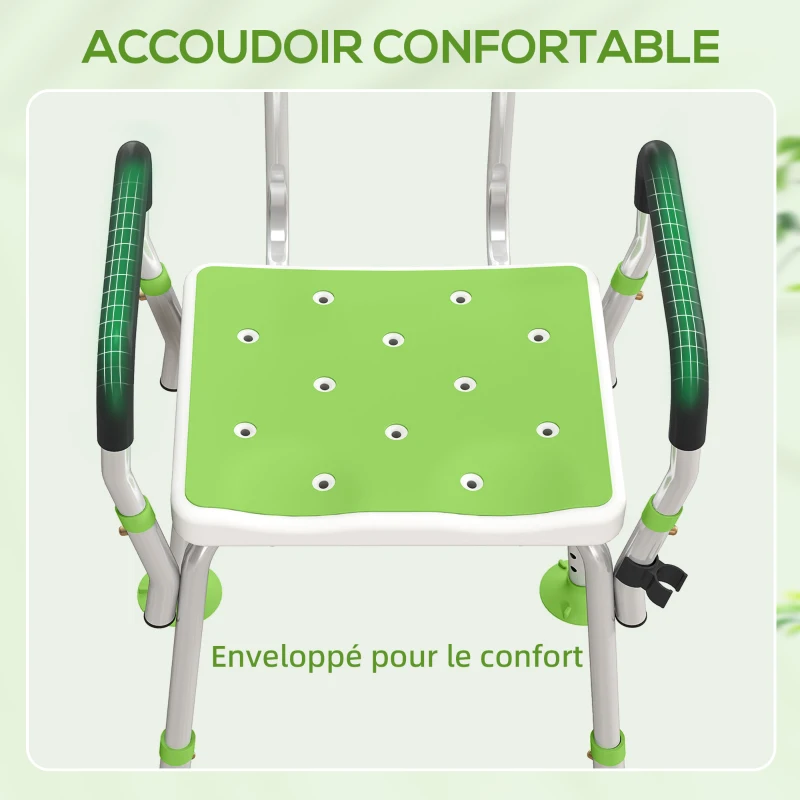 HOMCOM Tabouret de douche chaise de douche ergonomique hauteur réglable pieds antidérapants 56,5 x 53,5 x 87 cm blanc et vert