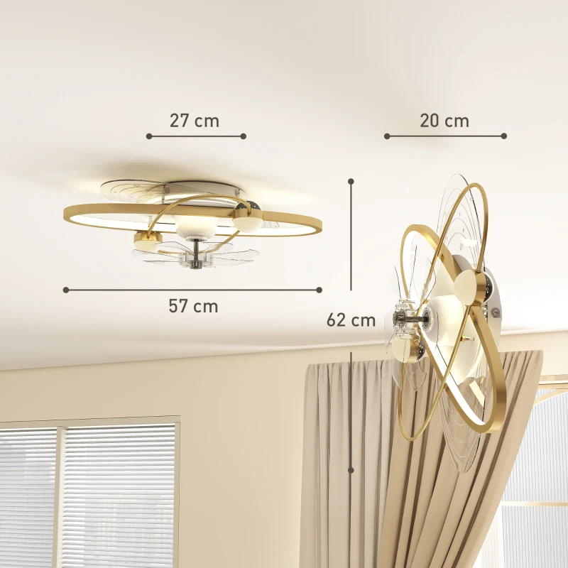 HOMCOM Ceiling Fan with Light and Remote, 3 Colour Temperatures, LED Mount Ceiling Fan Light for Bedroom, Gold Tone