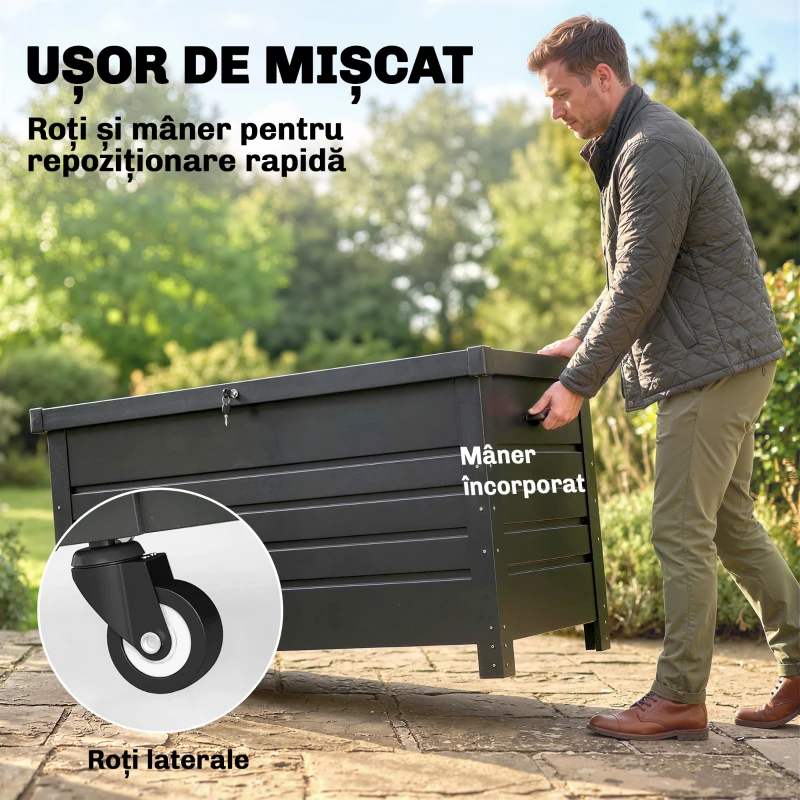 Outsunny Ladă 430L, Recipient Metalic cu Capac Blocabil, Roți, Mânere Laterale, Gri