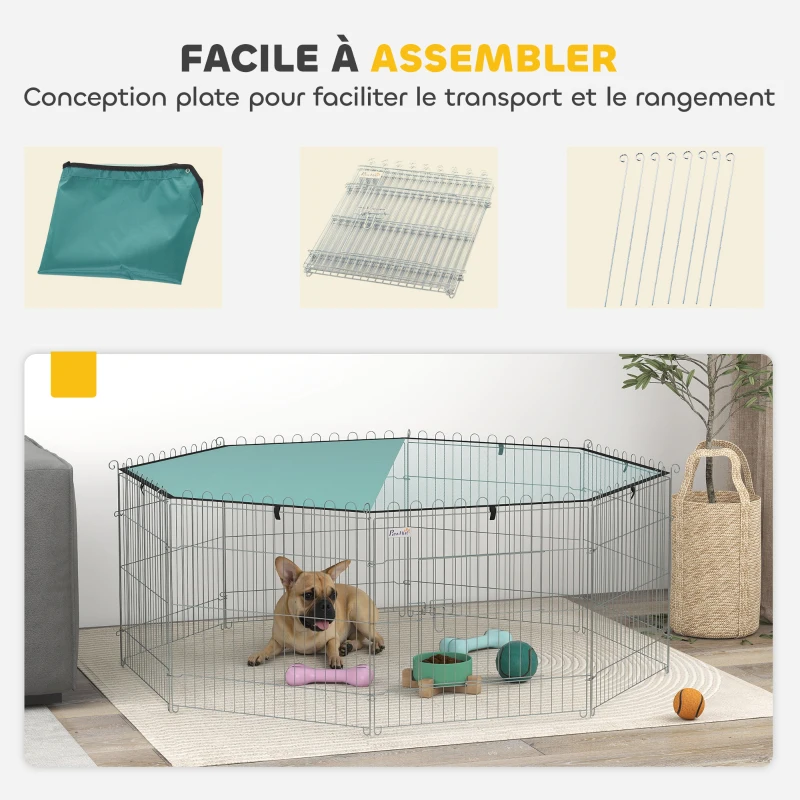 PawHut Parc pour chien, enclos chien 8 panneaux avec toit, modulable et pliable, enclos portable 60H cm avec porte argent vert