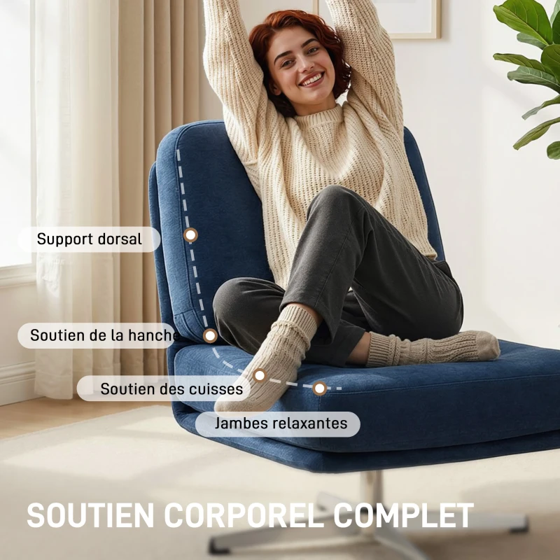 HOMCOM Fauteuil salon sans accoudoir chaise pivotante en tissu chenille assise large, pieds croisés 70 x 87 x 84 cm bleu foncé