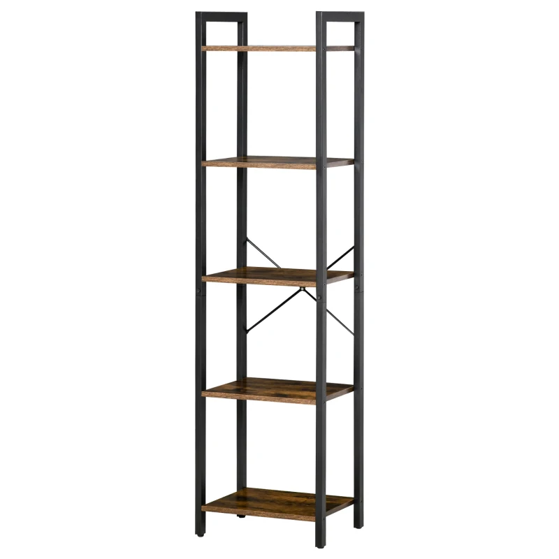 HOMCOM Industrial Style Bookcase H154 cm 5 Shelves Black Steel Particleboard Aged Wood Look