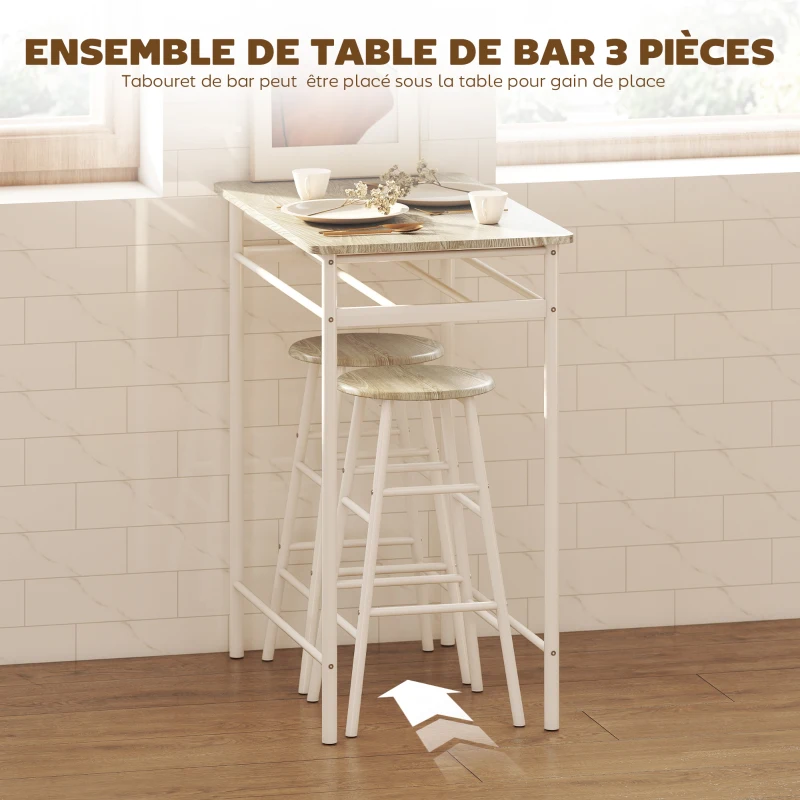 HOMCOM Ensemble table de bar avec tabourets, table à manger debout avec 2 chaises, étagère et pieds en métal, 80x50x90cm, blanc