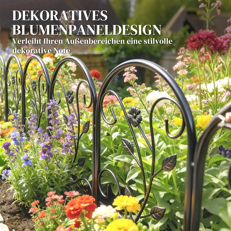 Outsunny Gartenzaun Zaun aus Metall 80 x 60 cm Dekorativer Gitterzaun Set mit Fuß für Garten Blumenbeete Tierbarriere Schwarz