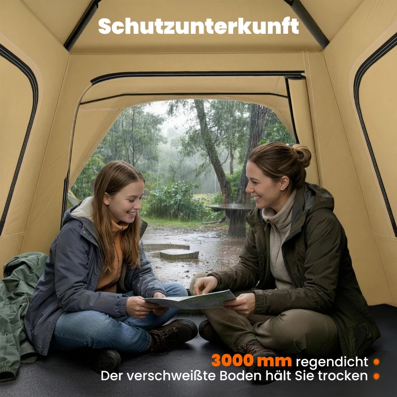 Outsunny Instant-Pop-Up-Zelt mit Regenschutz, wasserdicht Kuppelzelt für 2-3 Personen mit 2 Türen 2 Fenstern 240x240x160 cm Khaki