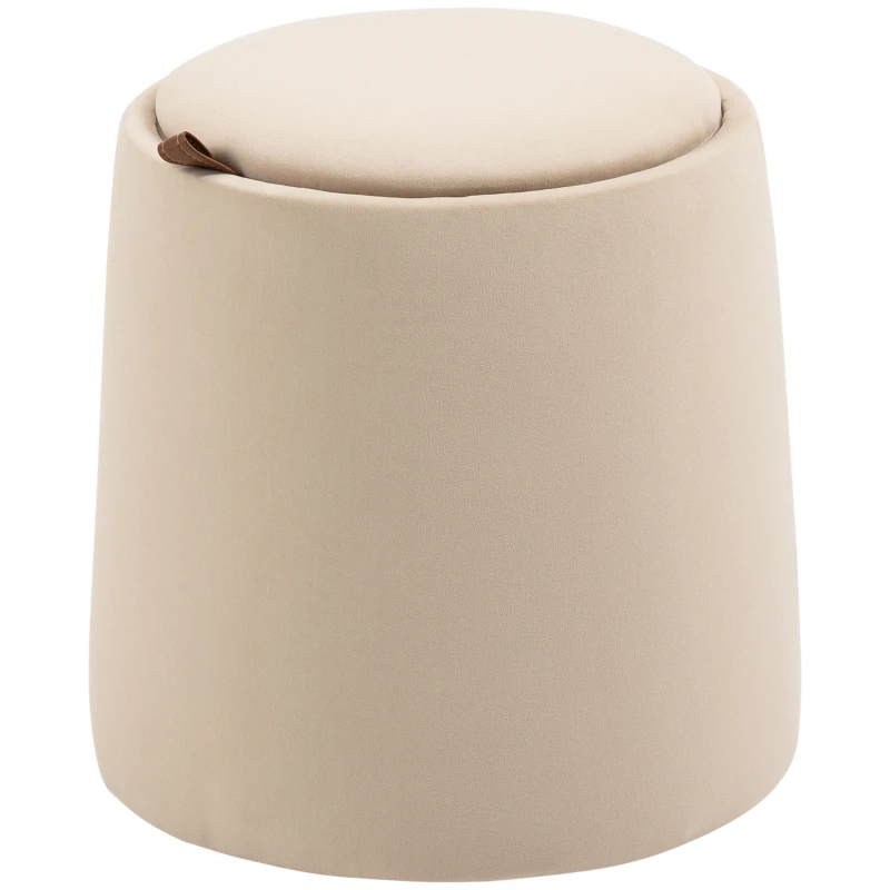 HOMCOM Pouf coffre rangement, pouf repose-pieds en tissu velours givré, couvercle réversible, Ø 44 x 47,5 cm, beige
