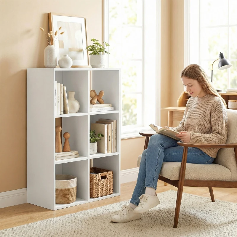 HOMCOM Industrial Style Storage Shelf, Bookcase, Bookshelf with 6 Compartments, for Living Room, Home Study, White Wood Effect